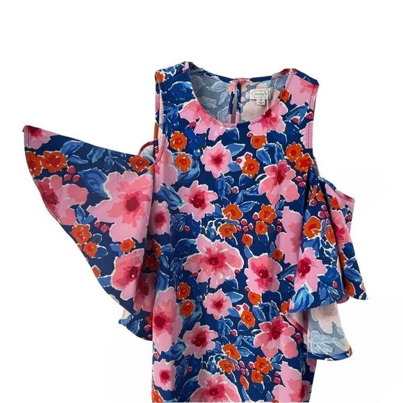 Mud Pie Dress Womens Size M Blue & Pink Floral Cold Shoulder Ruffle Knee Length - Picture 2 of 7